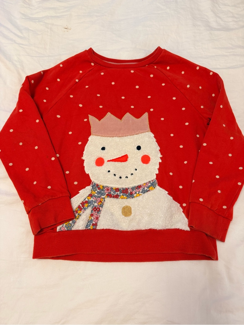 Mini Boden Red Snowman Appliqué Sweatshirt with Polka Dots